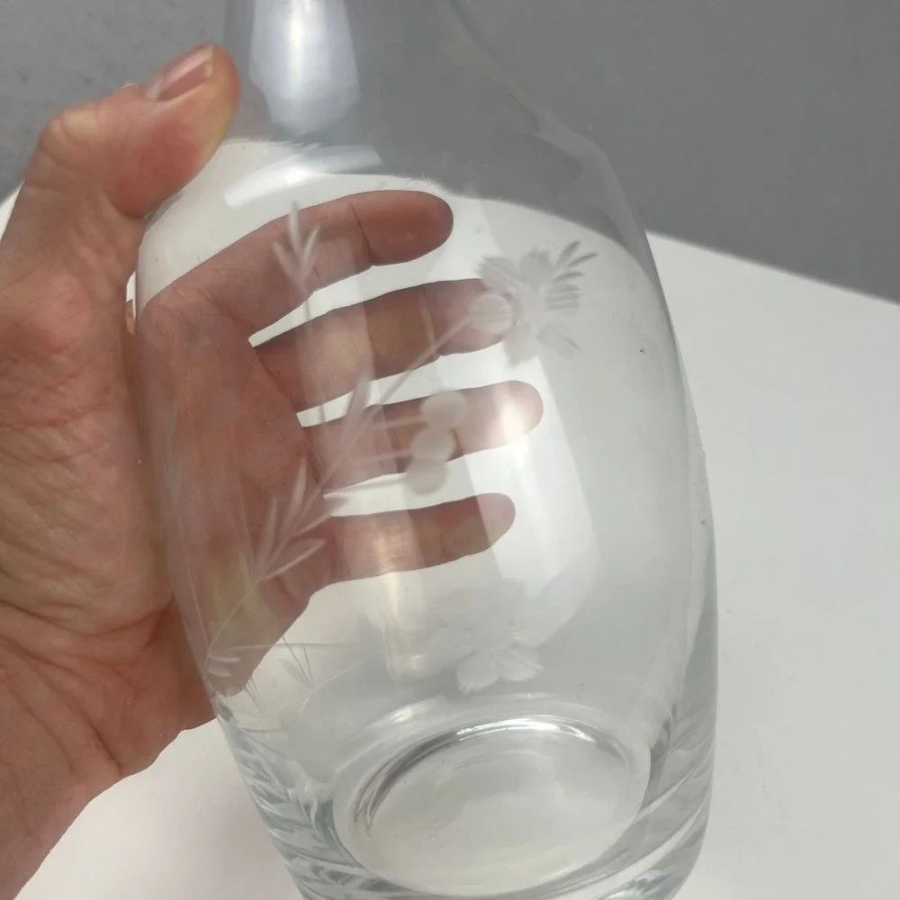 Vintage Glass Decanter 15.75in Elegance Floral Etched Stopper Barware Decor MCM